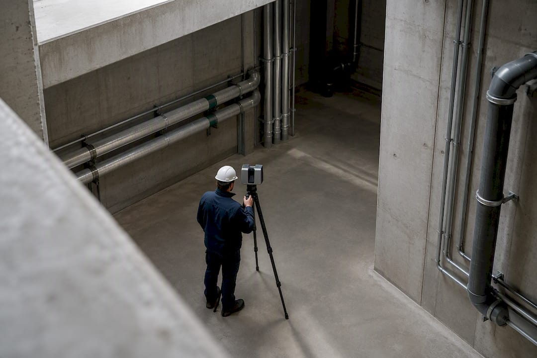 Laser scanner surveying unfinished concrete chamber