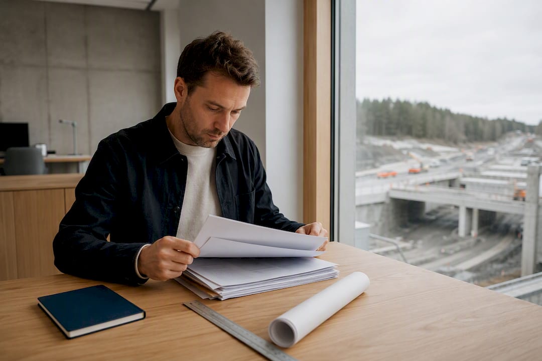 Engineer reviewing construction project documents
