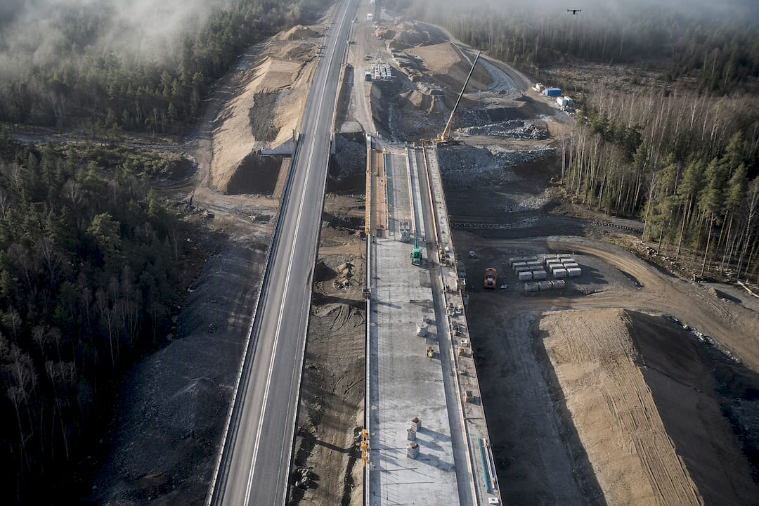Aerial view of phased road construction