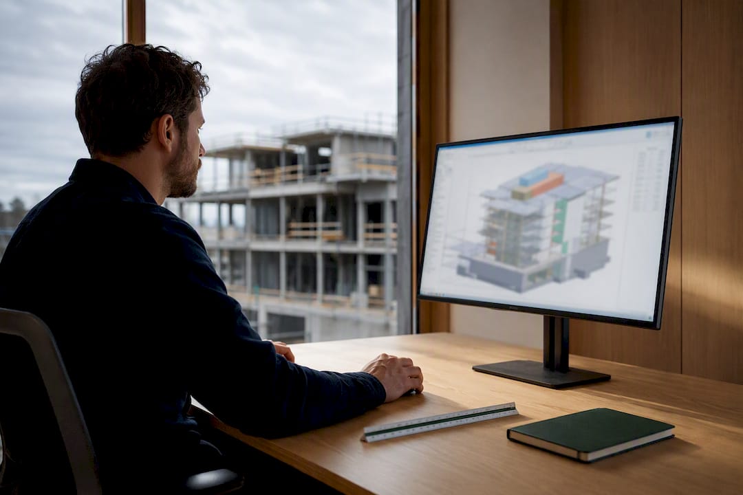 Estimator reviewing BIM model beside construction site