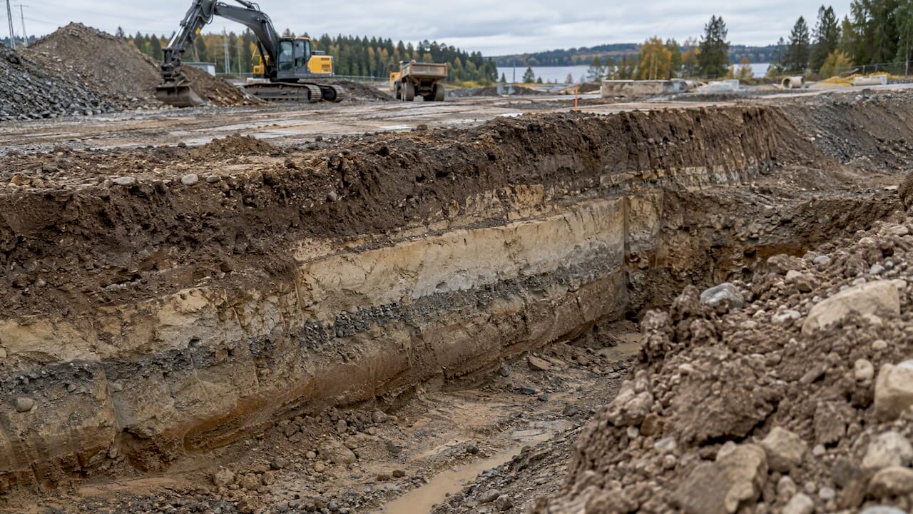Layered soil exposed in a construction excavation