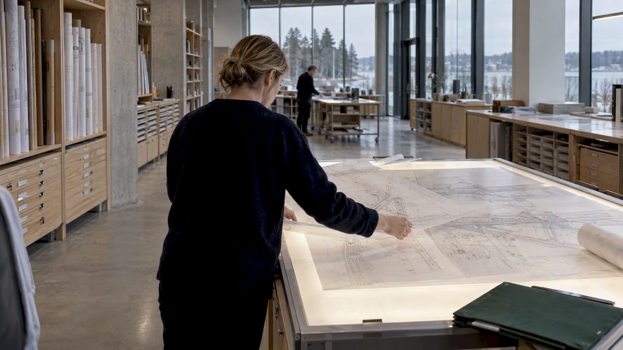 Engineer comparing design drawing layers