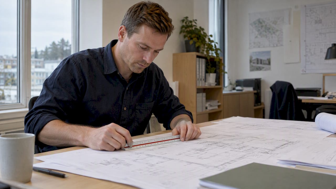 Estimator checking dimensions on a construction plan