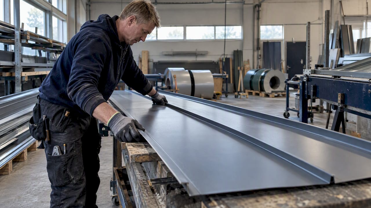 Roofer aligning a standing seam panel