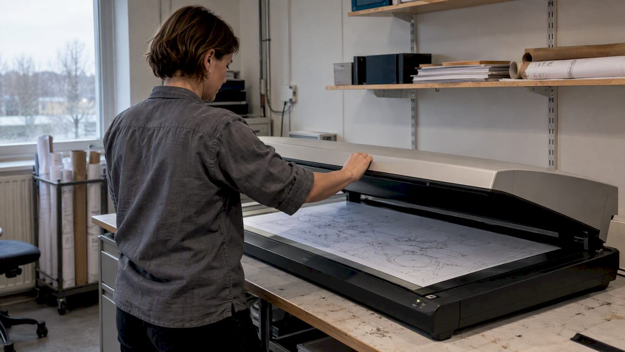 Technician scanning engineering drawing