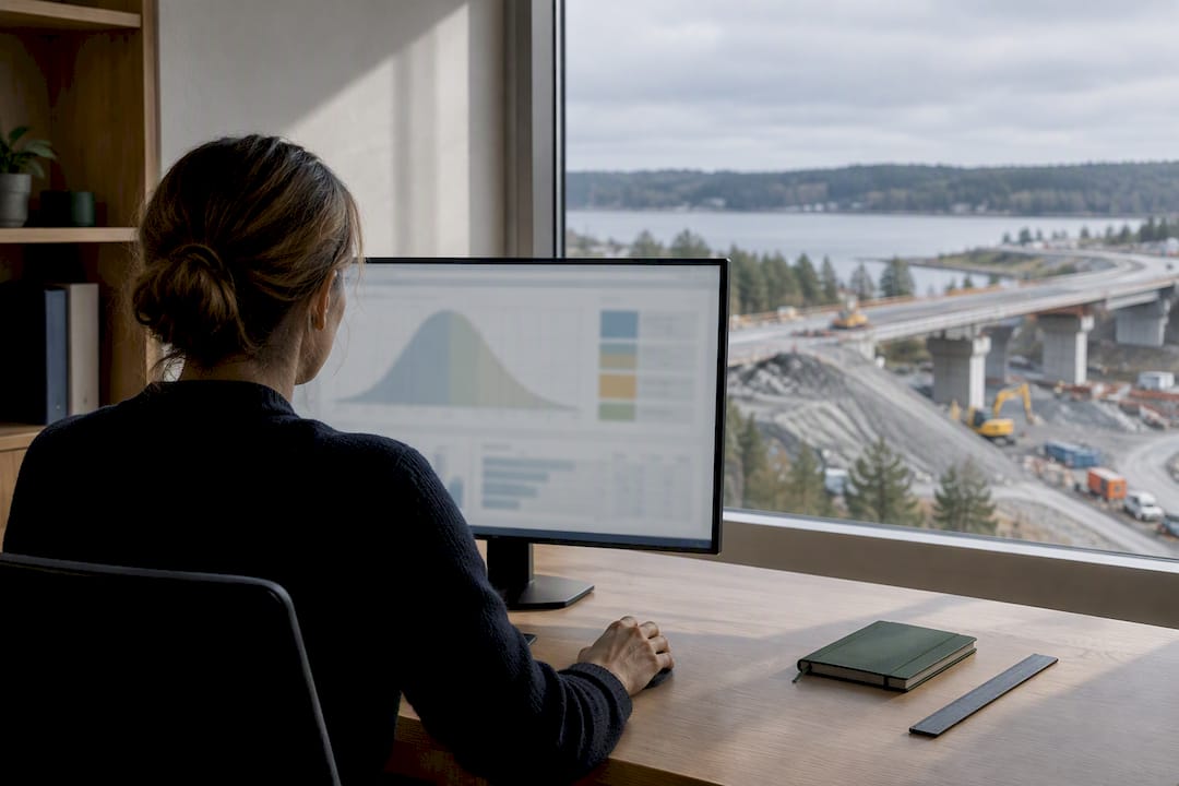 Analyst reviewing construction schedule risk simulation